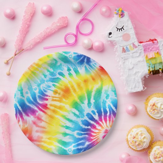 アクアクールレッドブルーイエローオレンジ絞り染め ペーパープレート (パーティー)