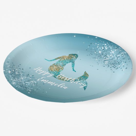 アクアグラデーション金ゴールドグリッタースパークルマーメイド ペーパープレート (アングル)