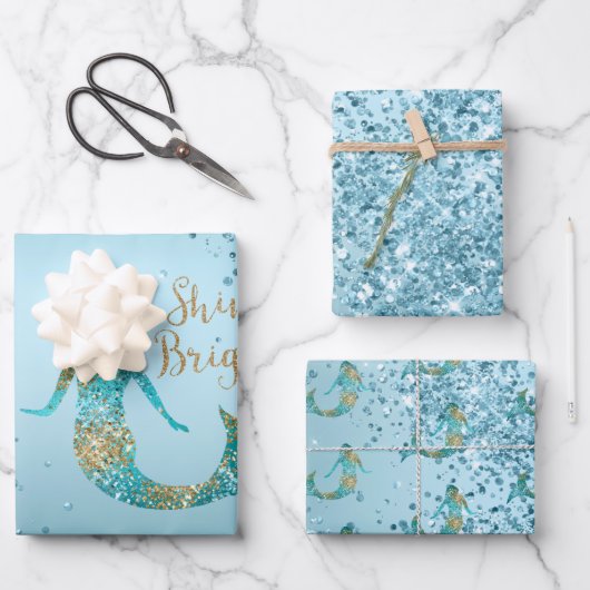 アクアグラデーション金ゴールドグリッタースパークルマーメイド ラッピングペーパーシート (正面)