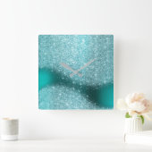 アクアグリッターティール（緑がかった色）金属ガラスグレミニマルー スクエア壁時計 (ホーム)