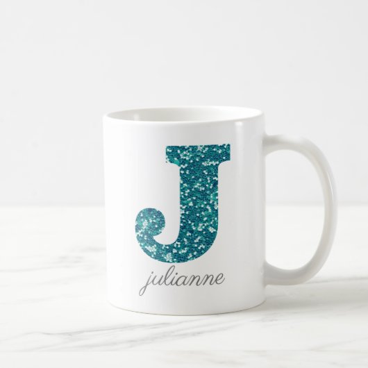 アクアグリッターパターン文字J名Mug コーヒーマグカップ (右)