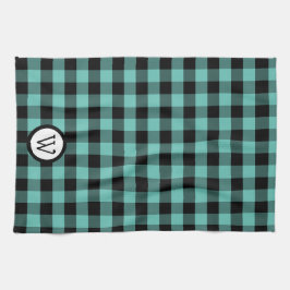 アクアグリーンとブラックバッファロープライドとモノグラム キッチンタオル