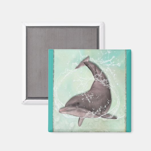 アクアグリーンのまわりにウォーターにイルカがはね込む マグネット (正面/裏面)