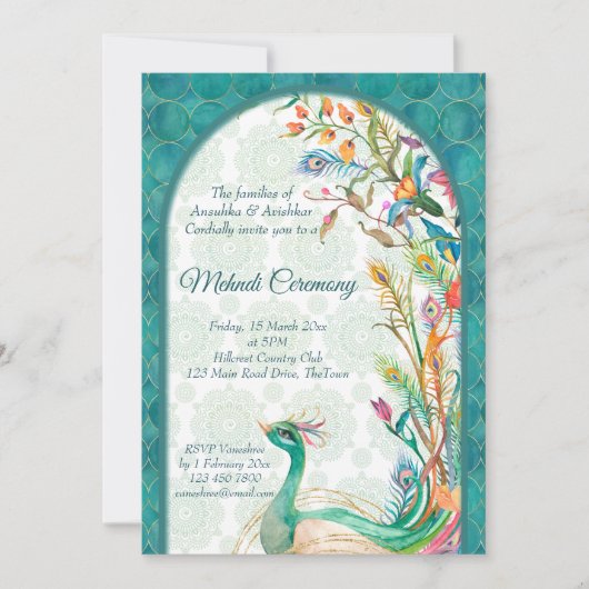 アクアグリーンティール（緑がかった色）アラビアフローラクジャックメンディ 招待状 (正面)