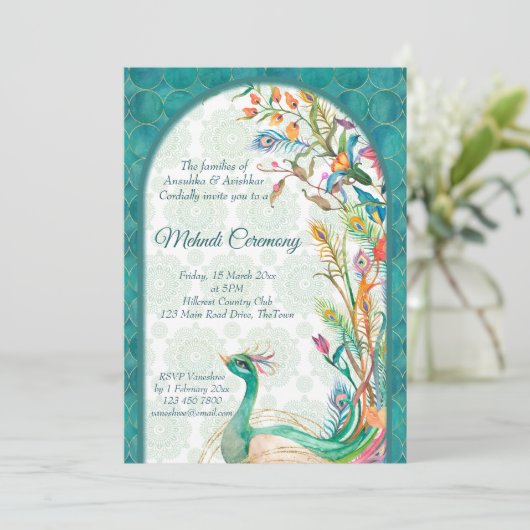 アクアグリーンティール（緑がかった色）アラビアフローラクジャックメンディ 招待状 (スタンド正面)