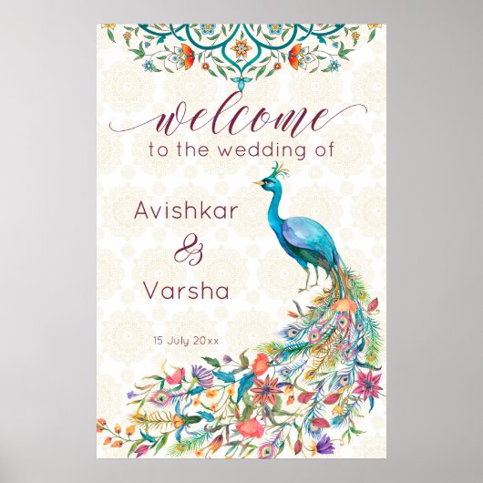 アクアグリーンティール（緑がかった色）アラビアフローラ孔雀へようこそ ポスター (正面)