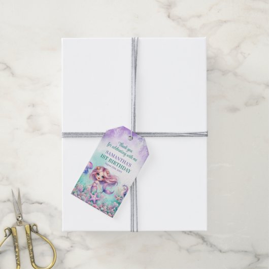 アクアグリーンパープルリトルマーメイドガール1st誕生日 ギフトタグ (より糸付き)