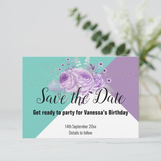 アクアグリーンパープル薄紫フローラ保存日 出欠カード (スタンド正面)