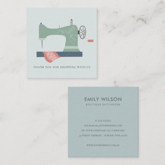 アクアグリーンピーチ裁縫機ありがとうショッピング スクエア名刺 (正面/裏面)