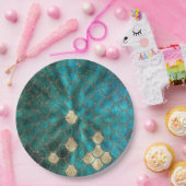 アクアグリーンメルマイズスケールと金ゴールドグリッター ペーパープレート (パーティー)