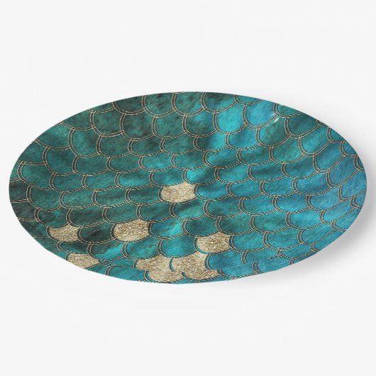 アクアグリーンメルマイズスケールと金ゴールドグリッター ペーパープレート (アングル)