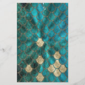アクアグリーンメルマイズスケールと金ゴールドグリッター 便箋 (正面)