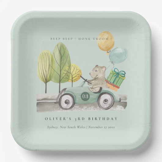 アクアグリーン任意の年齢の誕生日パーティテディカー ペーパープレート (正面)