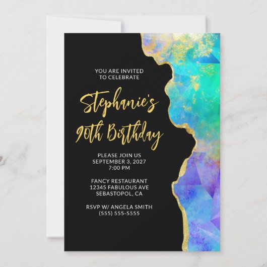 アクアグリーン数々のファイアオパール金ゴールドグラム90誕生日 招待状 (正面)