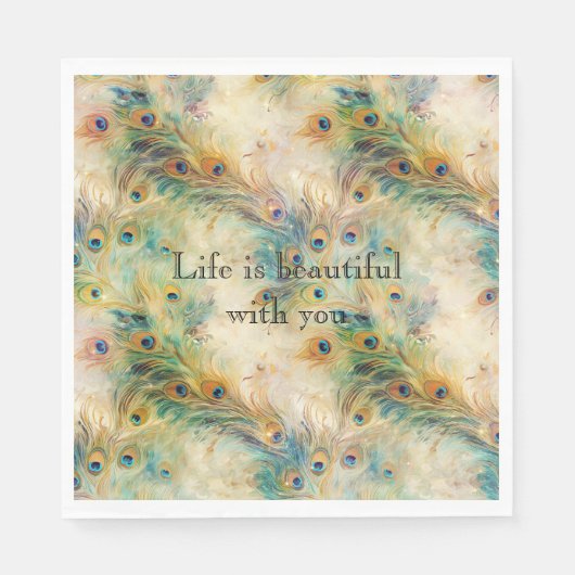 アクアグリーン金ゴールド孔雀の羽根 スタンダードランチョンナプキン (正面)