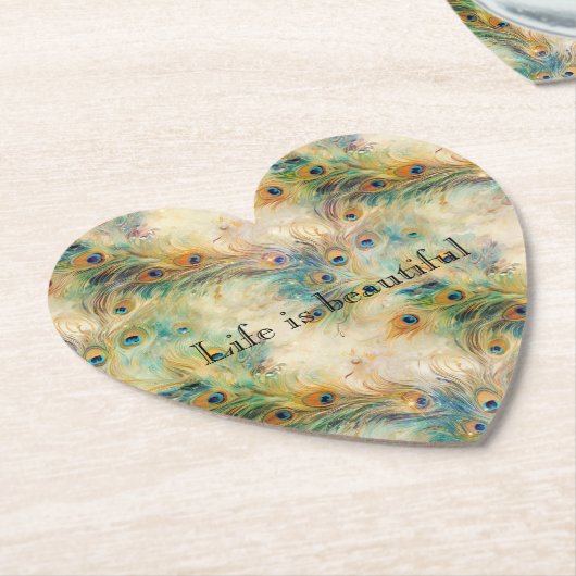 アクアグリーン金ゴールド孔雀の羽根 ペーパーコースター (アングル)