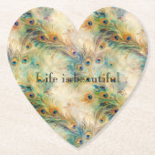 アクアグリーン金ゴールド孔雀の羽根 ペーパーコースター (正面)