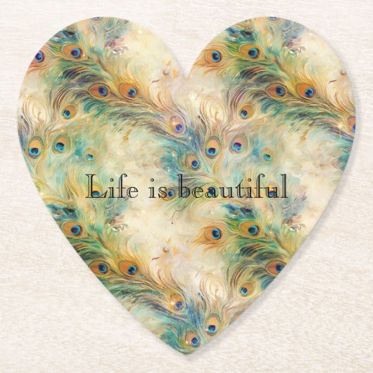 アクアグリーン金ゴールド孔雀の羽根 ペーパーコースター (正面)