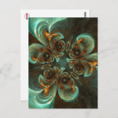 アクアグリーン & ゴールド & スパイラル フラクタル アート ポストカード (正面/裏面)