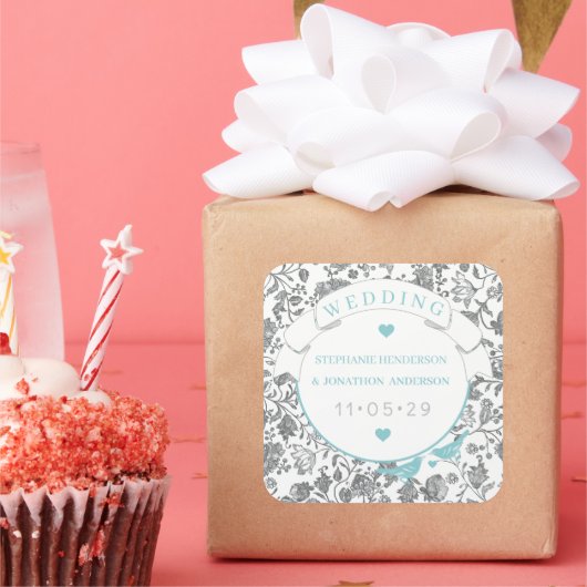 アクアグレイ花柄ブルーラブバード結婚ズ スクエアシール (パーティー)