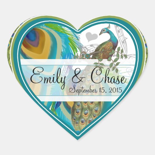アクアグレイ3孔雀の羽結婚のステッカー ハートシール (正面)