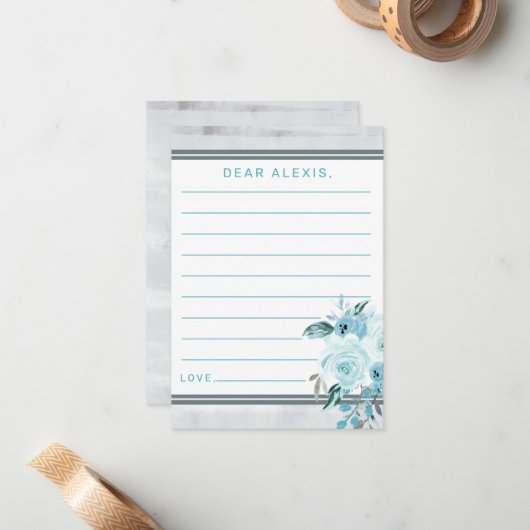 アクアグレイ&ブルーフローラベビーシャワータイムカプセル ノートカード (正面/裏面インサイチュ)