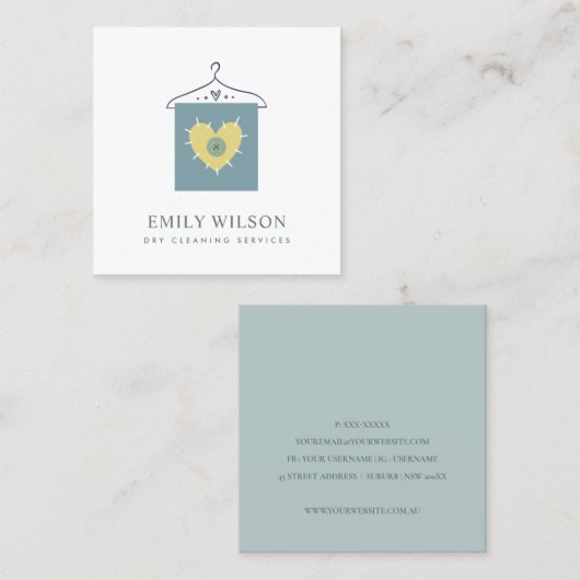 アクアグレーイエローグリーンぶら下がった服ドライクリーナー スクエア名刺 (正面/裏面)