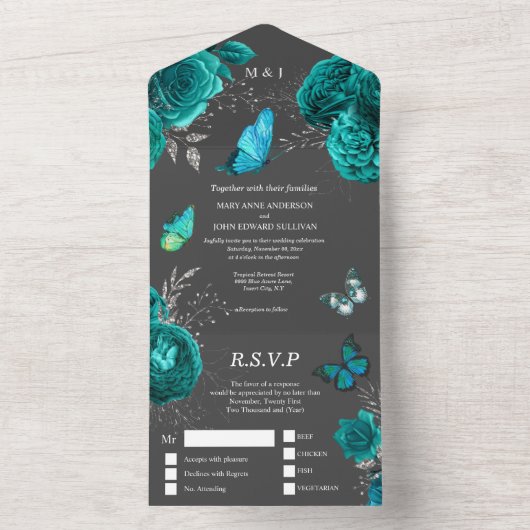 アクアグレー ローズ エレガント バタフライ グラム 予算 オールインワン招待状 (内側)