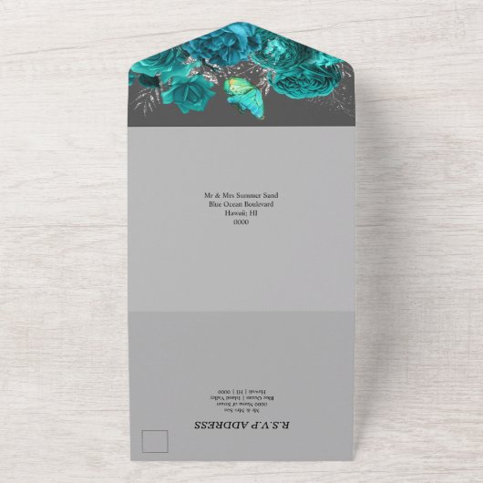 アクアグレー ローズ エレガント バタフライ グラム 予算 オールインワン招待状 (外側)