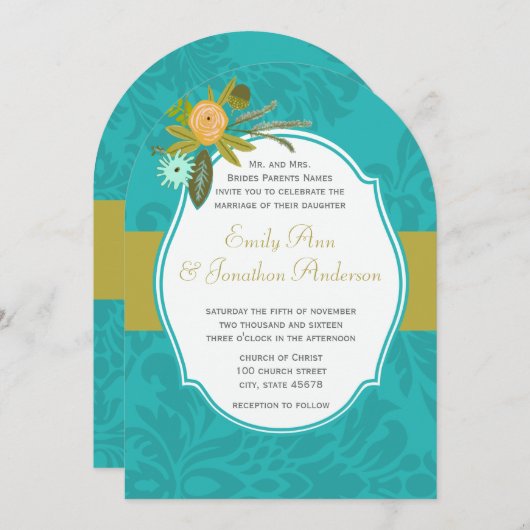 アクアゴールデンライムシャルトレウスダマスクウェディング招待状 招待状 (正面/裏面)