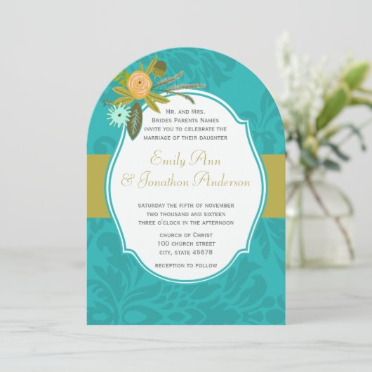 アクアゴールデンライムシャルトレウスダマスクウェディング招待状 招待状 (スタンド正面)