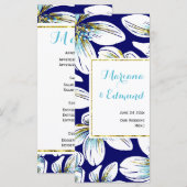 アクアゴールドの箔押し花柄 ネイビーブルーの ウェディング メニューカード メニュー (正面/裏面)