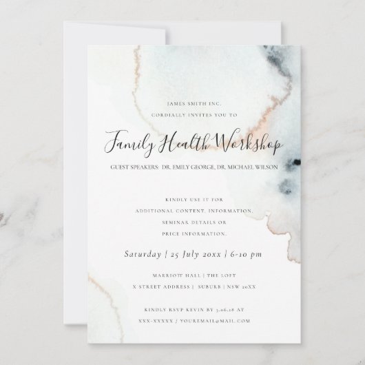 アクアゴールド水彩ブラシ ワークショップ イベント ロゴ 招待状 (正面)