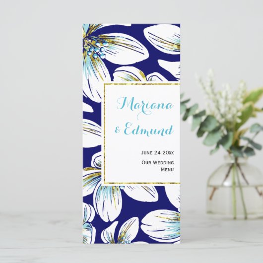 アクアゴールド箔の花柄 ネイビーブルーの結婚式メニューカード メニュー (スタンド正面)