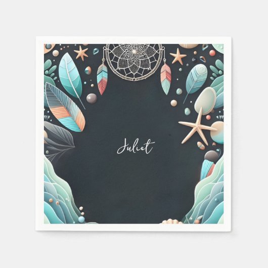 アクアサンドワーク積み重ねシーガラスブライダルシャワー スタンダードカクテルナプキン (正面)