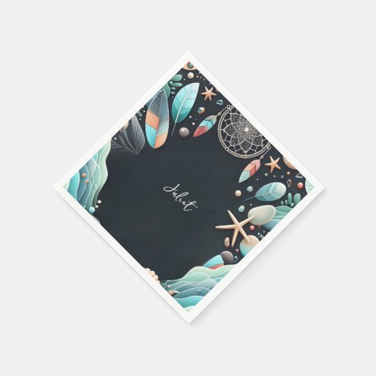 アクアサンドワーク積み重ねシーガラスブライダルシャワー スタンダードカクテルナプキン (角)