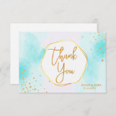 アクアシアンブルーウォーターカラー金ゴールドグリッター サンキューカード (正面/裏面)