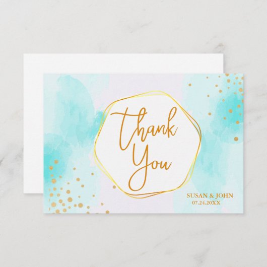 アクアシアンブルーウォーターカラー金ゴールドグリッター サンキューカード (正面/裏面)