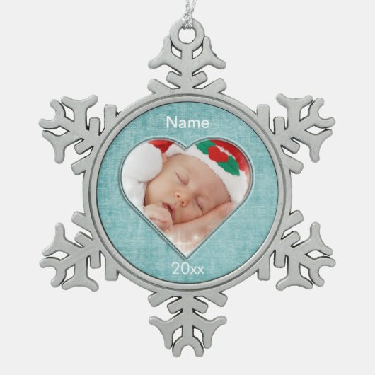 アクアシェニールハートシェイプフォトフレームテンプレート スノーフレークピューターオーナメント (正面)