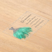 アクアシルバーグリッタードレススクリプトキンセアニラパーティー アクリル招待状 (レイダウン)