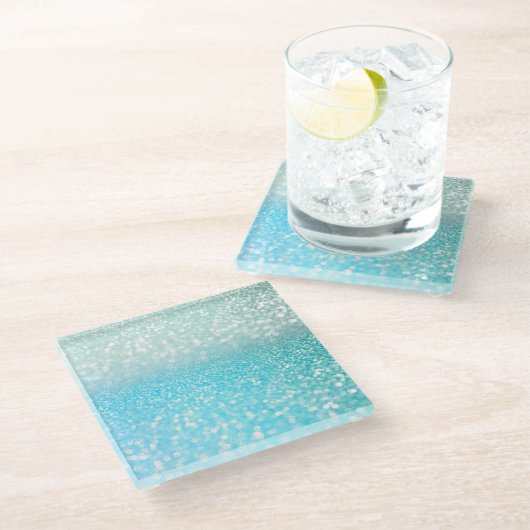 アクアシルバービーチブルーサマーグリッターグラデーション ガラスコースター (アングル)