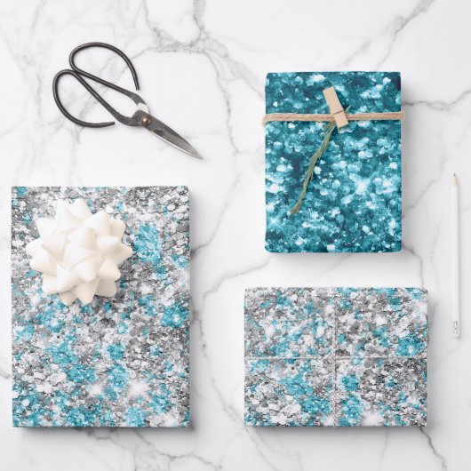 アクアシルバーユニコーングリッタースパークル誕生日 ラッピングペーパーシート (正面)