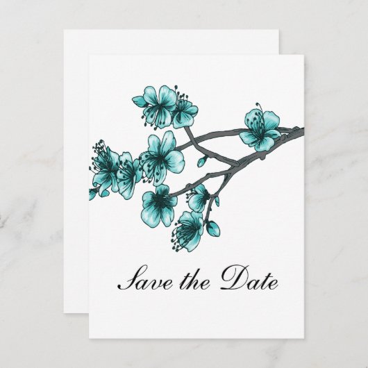 アクアシンプルさくらんぼの花々は日付を保存 案内ポストカード (正面/裏面)