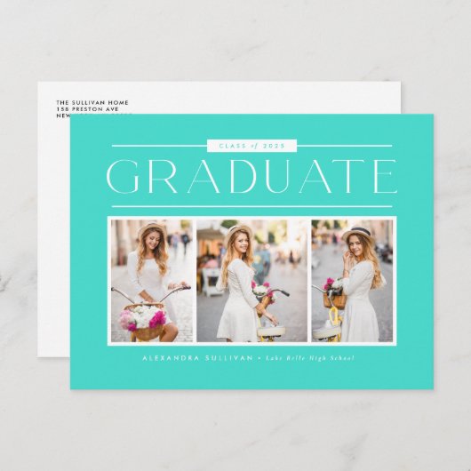 アクアシンプルタイポグラフィフォトコラージュ卒業 ポストカード (正面/裏面)