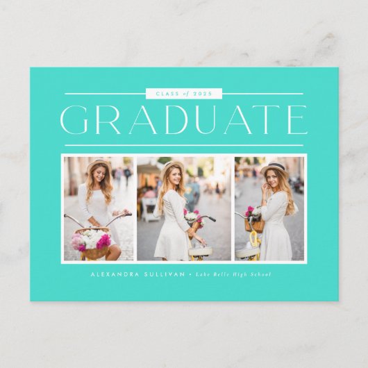 アクアシンプルタイポグラフィフォトコラージュ卒業 ポストカード (正面)