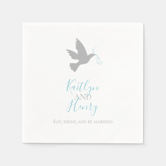 アクアシンプルブルーのリボンの灰色の結婚鳩 スタンダードカクテルナプキン (正面)