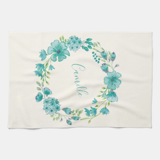 アクアシーグリーンフローラリース パーソナライズされた キッチンタオル (横)