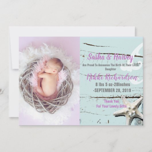 アクアシーセルビーチベビー誕生発表写真 案内状 (正面)