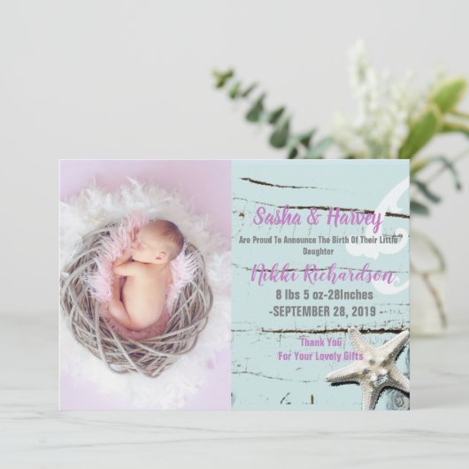 アクアシーセルビーチベビー誕生発表写真 案内状 (スタンド正面)