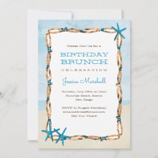 アクアスターフィッシュと水彩ビーチ誕生日 招待状 (正面)